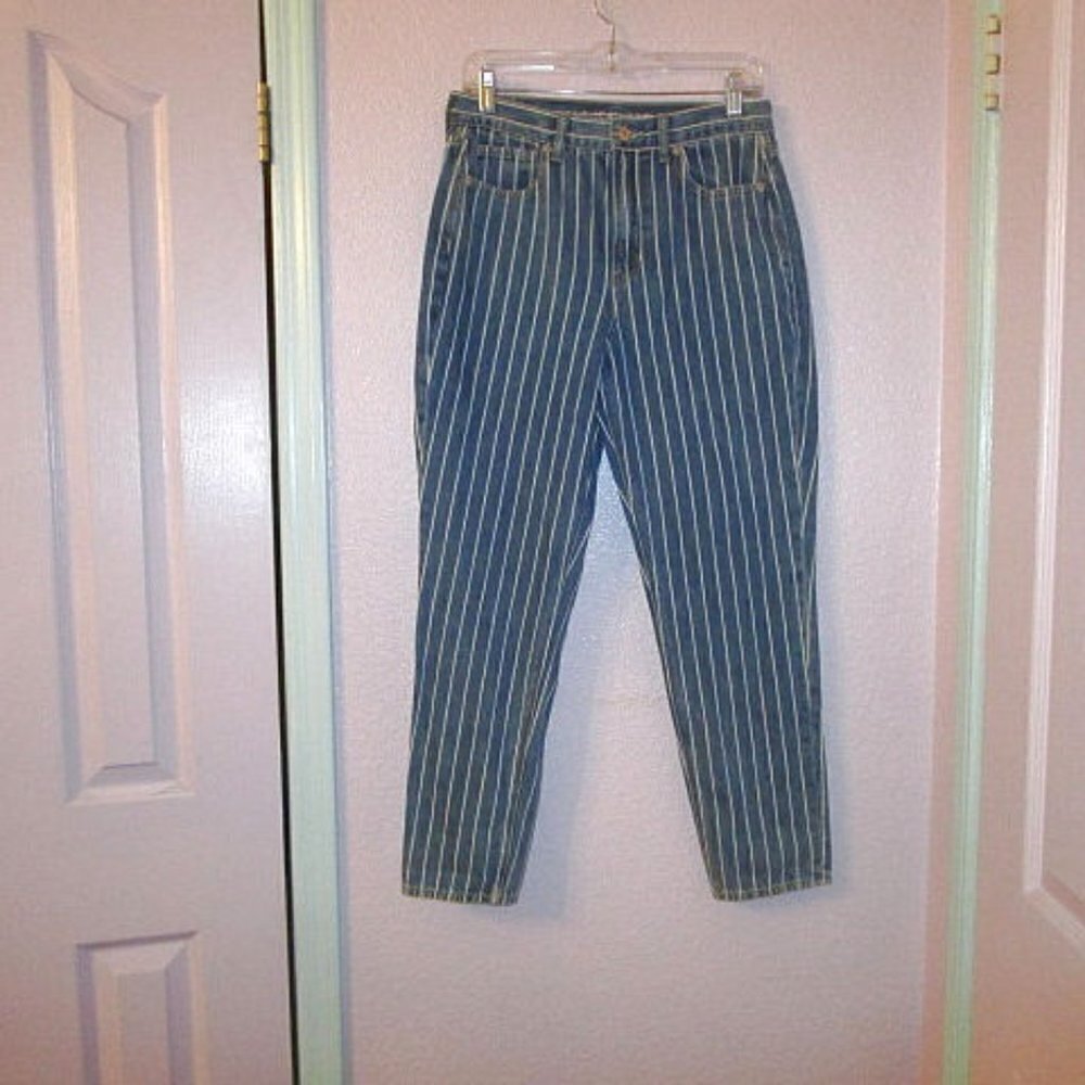 American Eagle Mom Jeans Womens 6 High Rise Denim Blue Striped Retro Festival